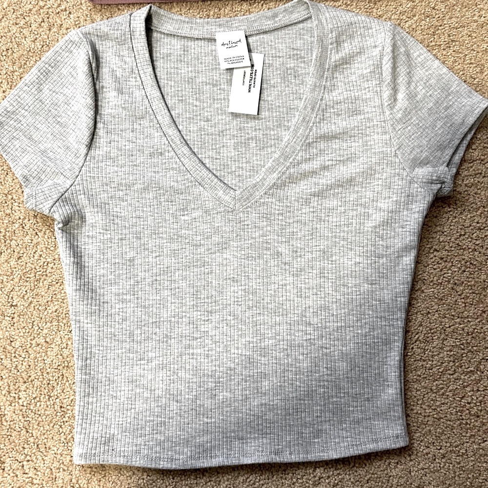 NWT! Two ribbed v neck shirt in gray and purple!